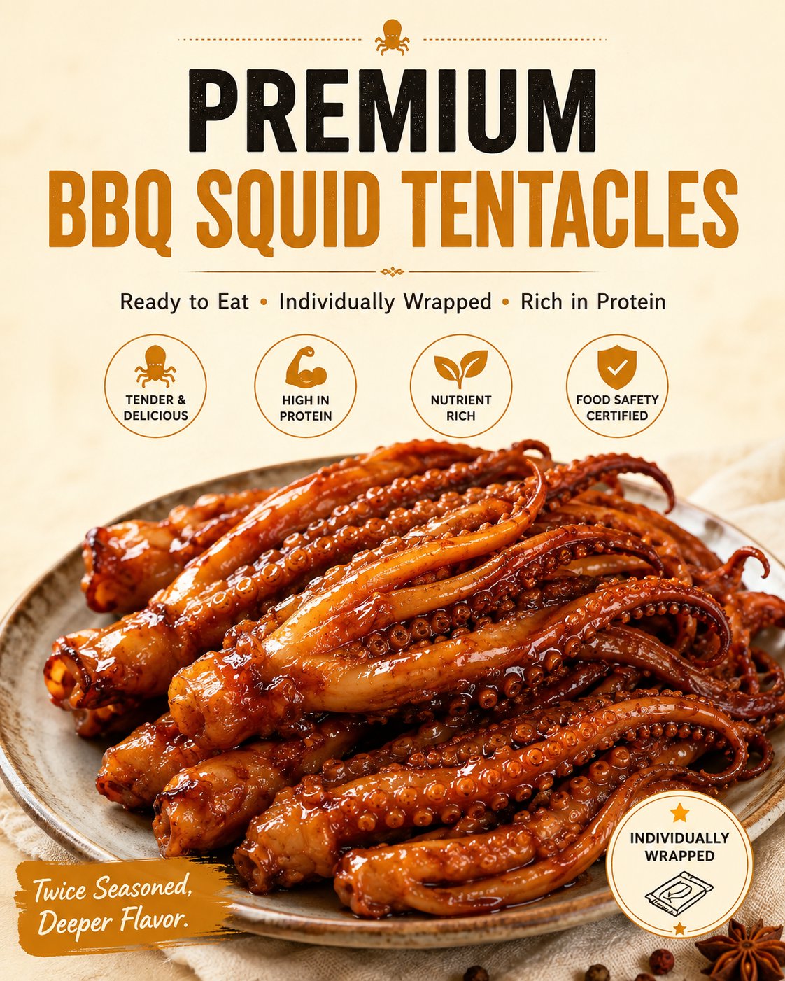 🐙 BBQ Roasted Whole Squid Snack –   Ready to Eat, Individually Wrapped-LAN